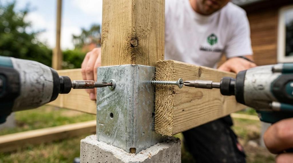 Opbygning af hævet terrasse med træ og metalbeslag.