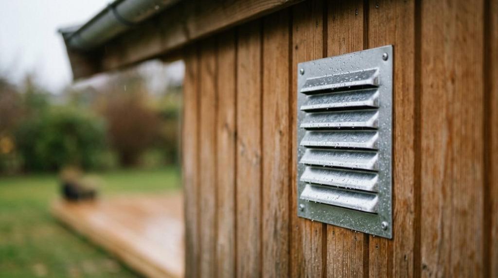 Træhavedør med metalventilationsgitter til redskabsskur.