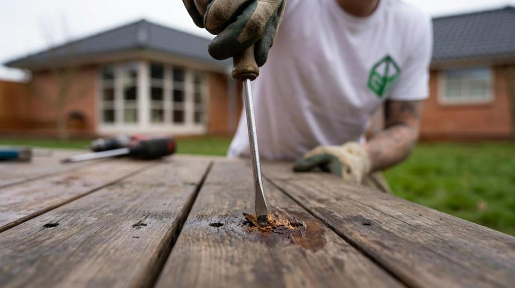 Professionel skadedyrsbekæmpelse med skruetrækker i træoverflade.