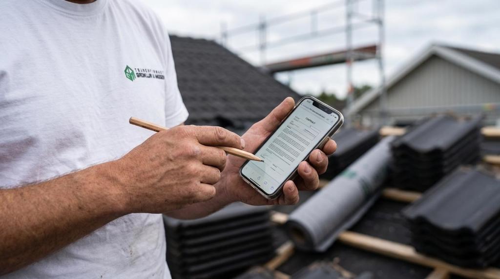 Mand bruger smartphone til at planlægge tagrenovering.