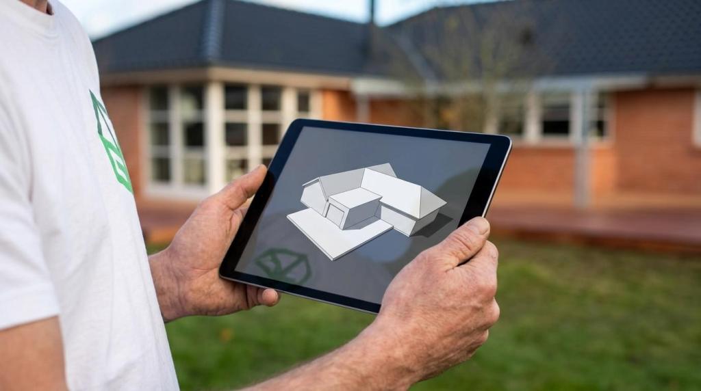 Person viser 3D-arkitekturmodel på tablet foran hus i Visse.
