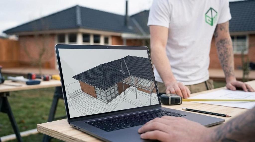 Arkitekttegning af tagrenovering på computer, udendørs byggeplads.